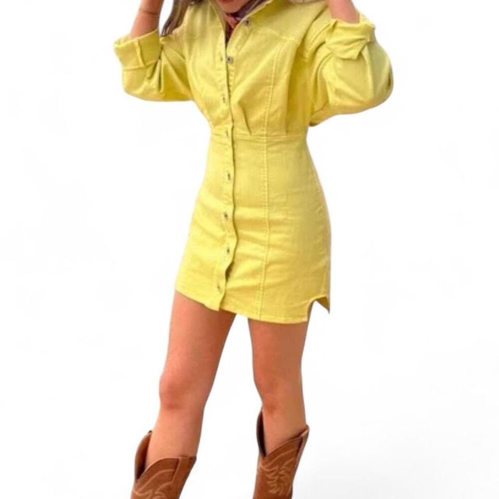Free People Tender Yellow Amber Denim Button Mini Jean Dress with TAGS, Size 4